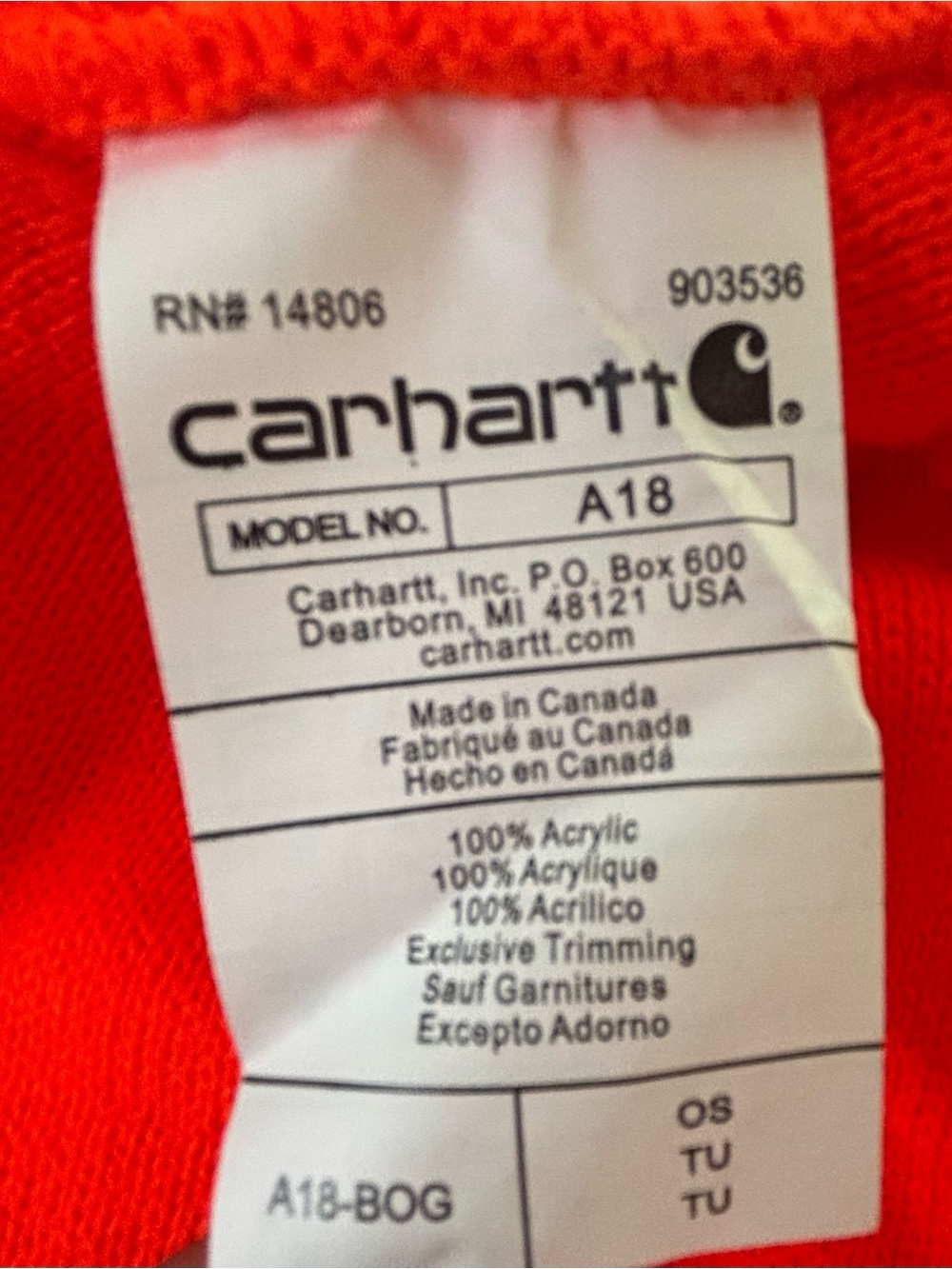 Carhartt Bright Orange Knit Beanie - Picture 3 of 3